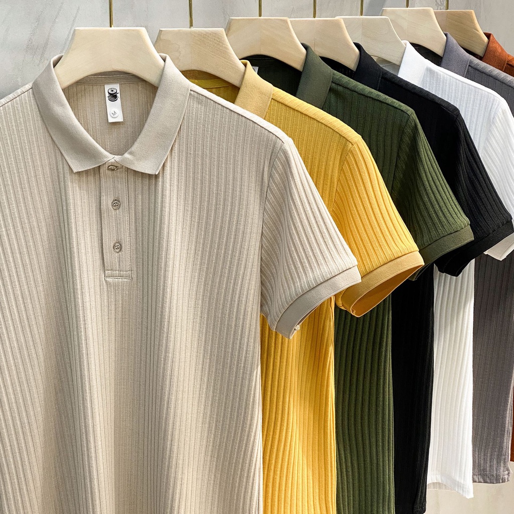 Pit Stripes Mercerized Knitted polo Shirt Half-Sleeved Street Wear Summer Top Trendy Lapel Men